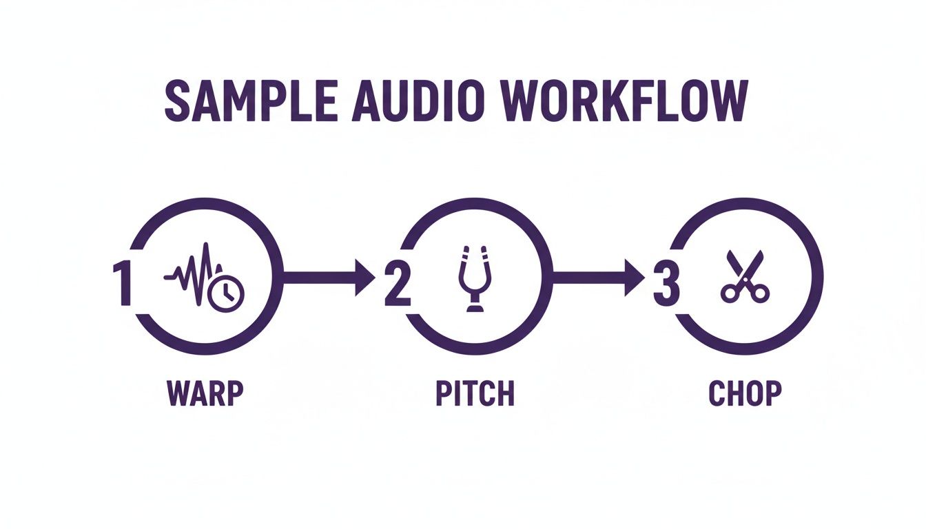 Visual workflow for audio sample manipulation: warp, pitch, and chop steps shown with icons.