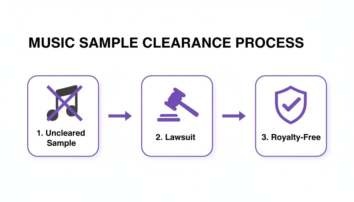 A diagram illustrating the music sample clearance process, showing uncleared sample leading to lawsuit and then royalty-free.