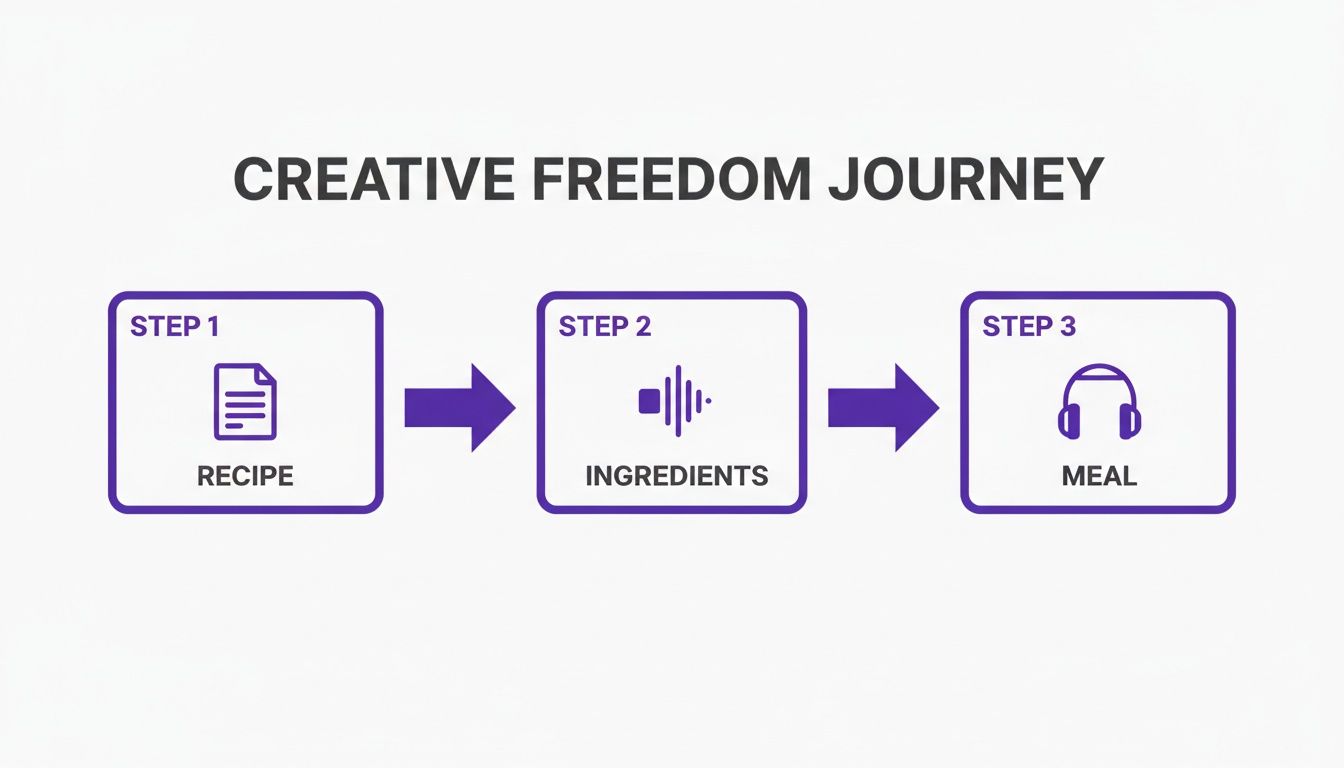 Flowchart illustrating the creative freedom journey through three steps: Recipe, Ingredients, and Meal.