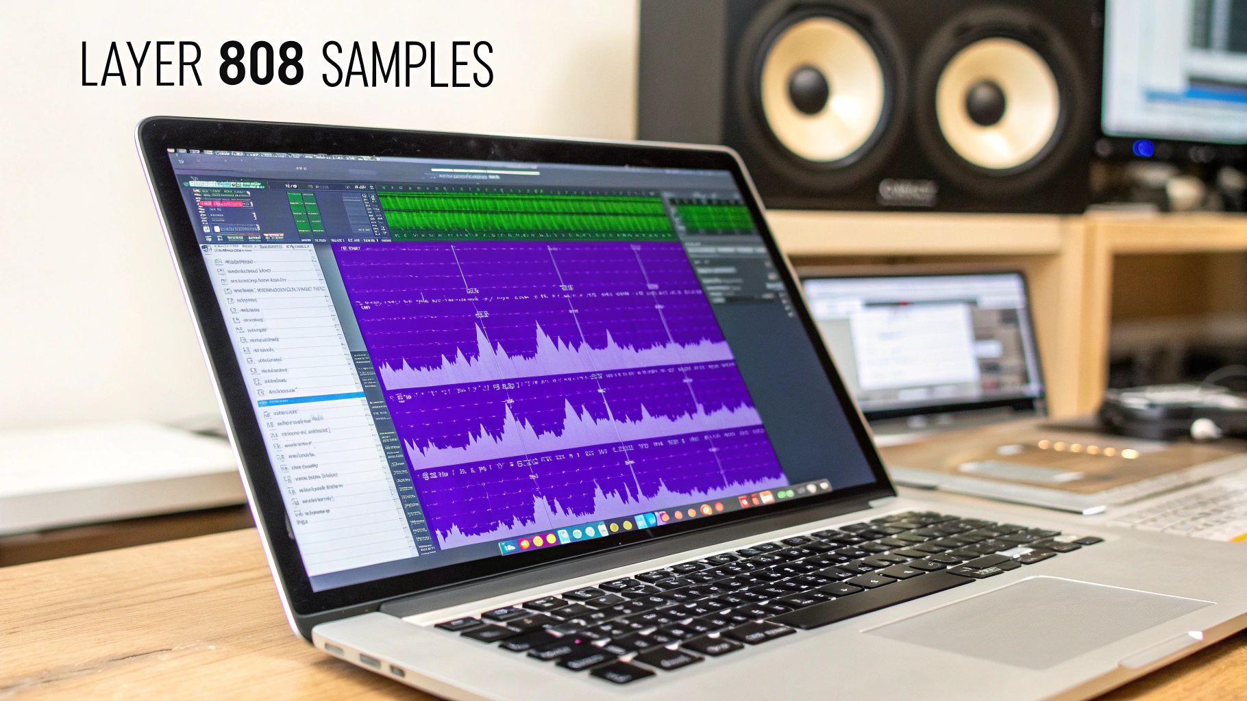 A laptop displaying music production software with waveforms, accompanied by studio monitors and text 'LAYER 808 SAMPLES'.