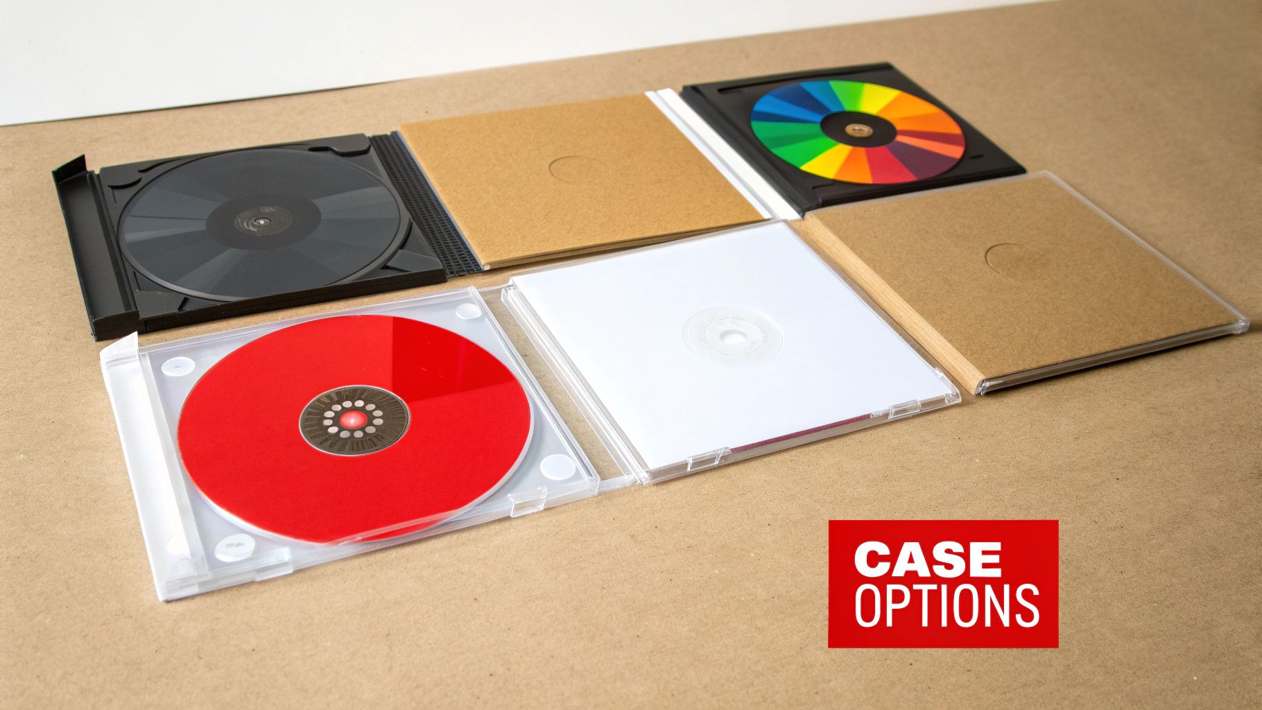 Custom CDs and cases displayed, including a red disc in clear case, black disc in black case, and colorful disc.