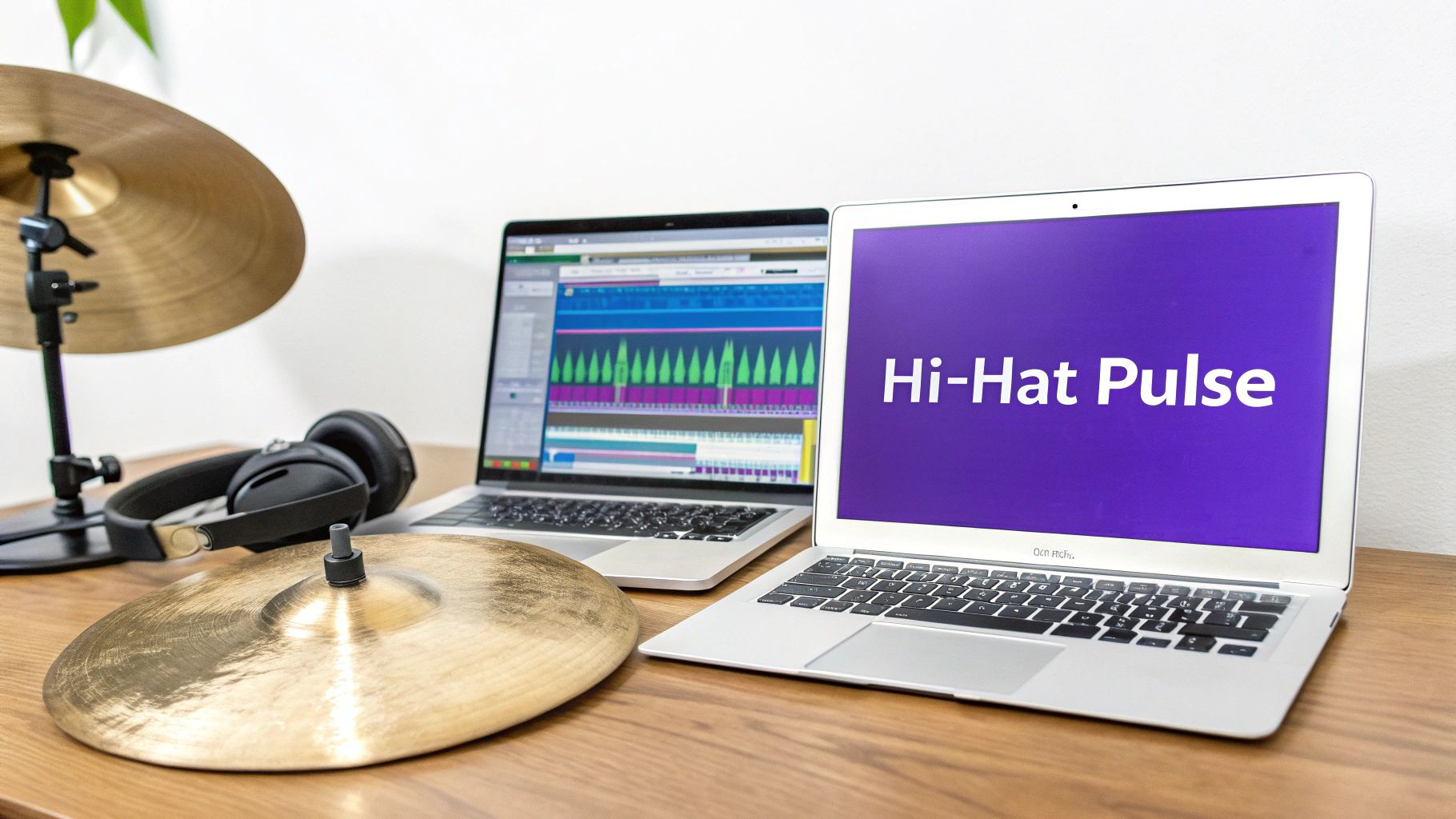 Two laptops, cymbals, and headphones on a desk, representing a music production setup.