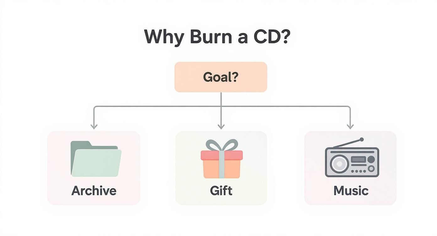 A flowchart titled 'Why Burn a CD?' shows 'Goal?' leading to 'Archive' (folder icon), 'Gift' (gift box icon), and 'Music' (radio icon).
