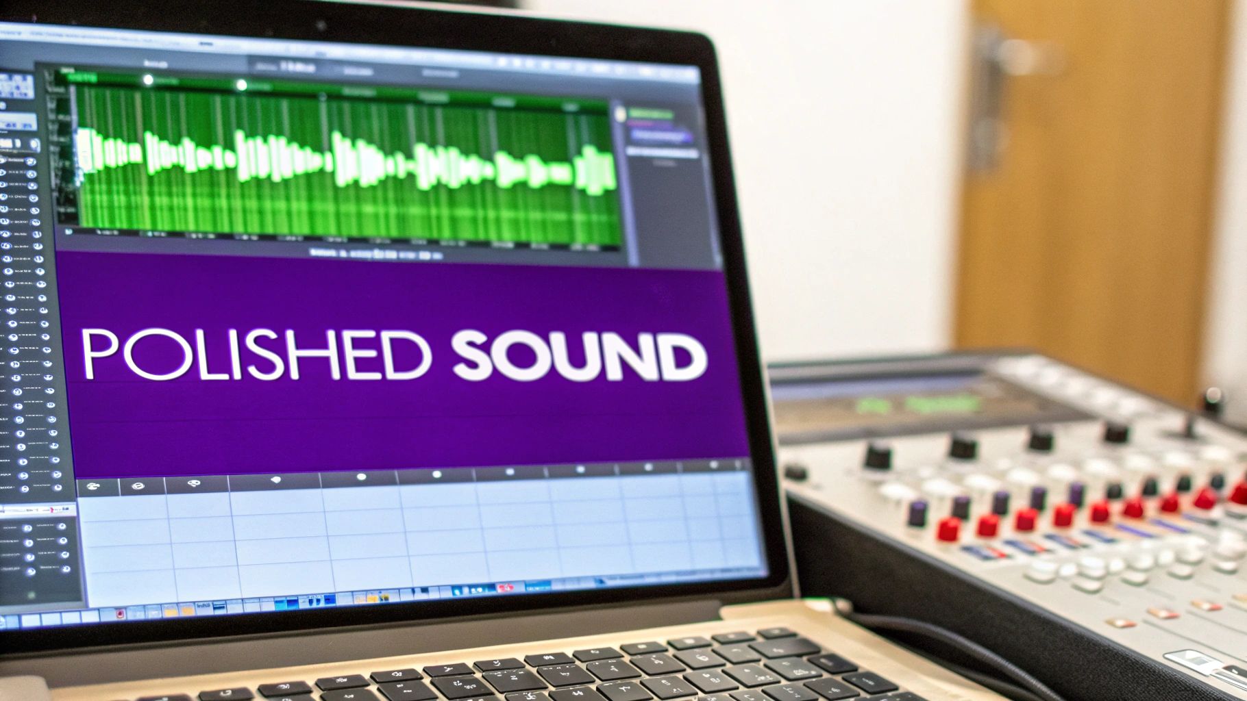 A laptop displaying audio editing software with a waveform and 'POLISHED SOUND' text, alongside an audio mixer.