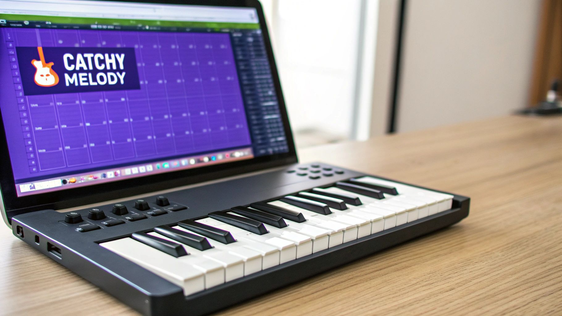 A laptop connected to a MIDI keyboard on a wooden desk, displaying music software.