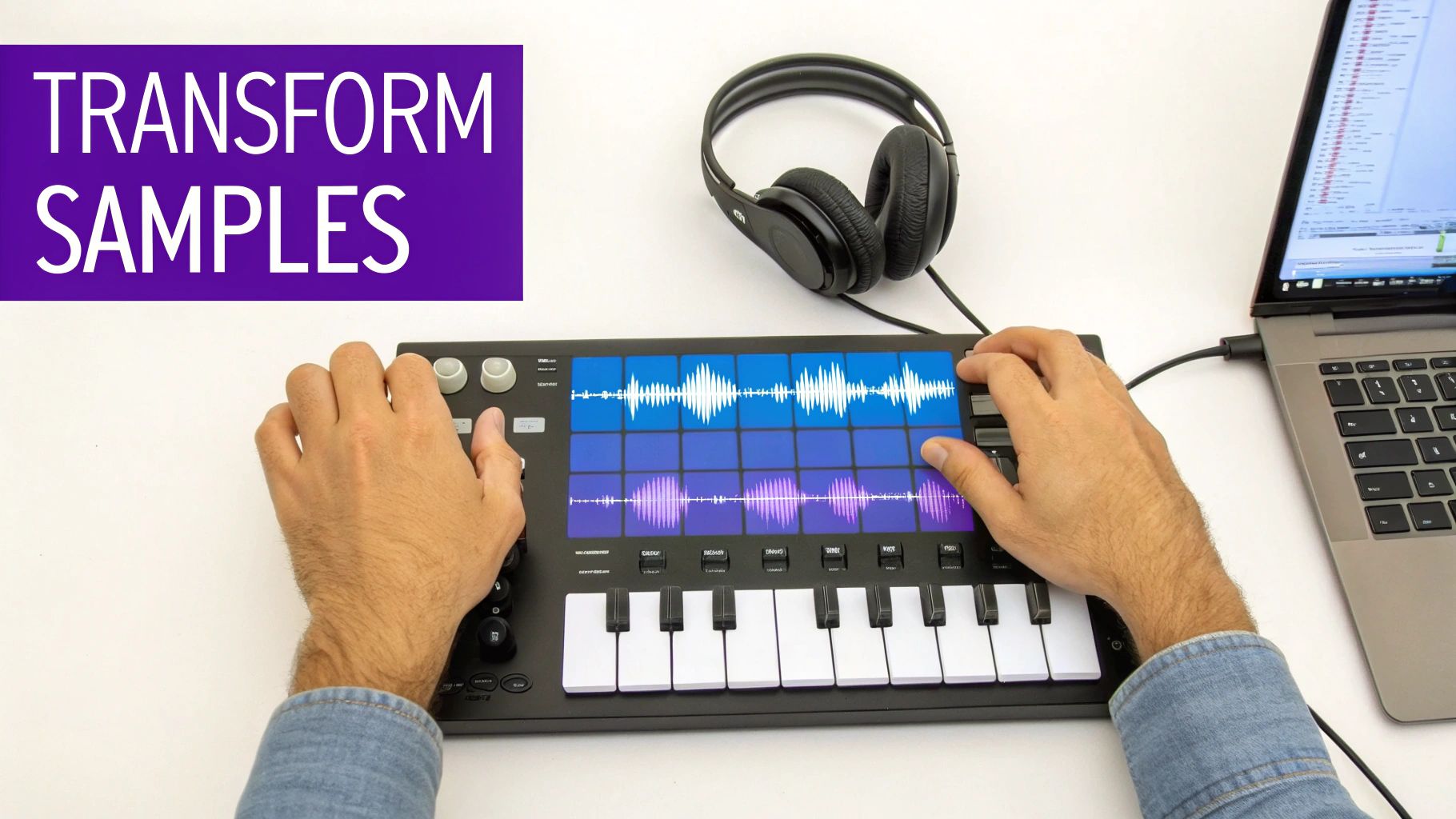 Hands operate a MIDI controller with a screen showing audio waveforms, connected to a laptop and headphones, next to 'TRANSFORM SAMPLES' text.
