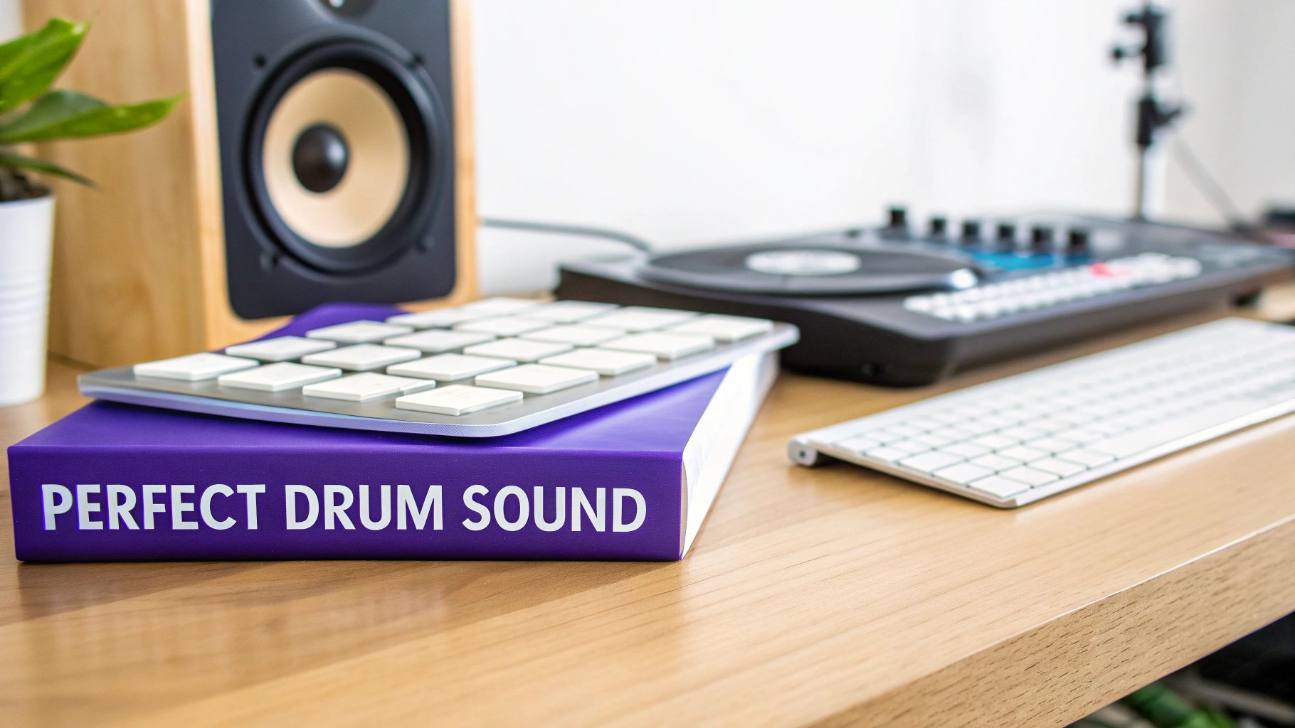 A desk with a purple book titled 'Perfect Drum Sound', a drum machine, studio monitor, and DJ equipment.