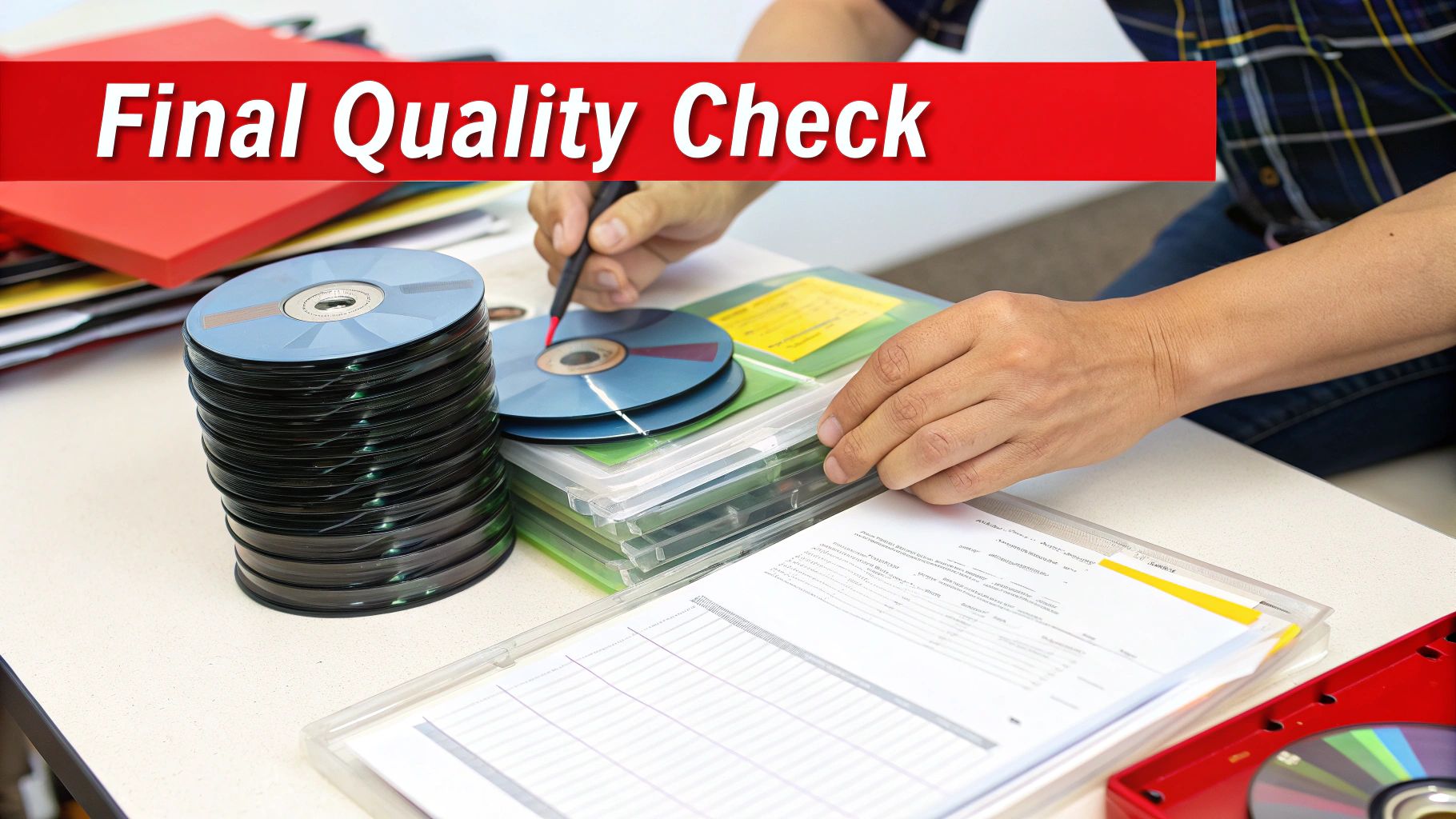 Close-up of hands performing a final quality check on CDs and documents on a white desk.