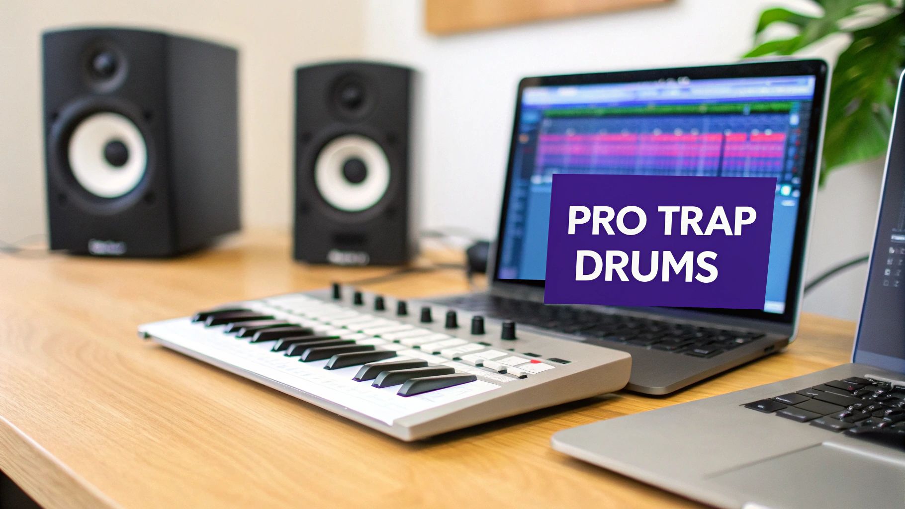 A music production studio desk with speakers, a MIDI keyboard, and laptops displaying a "PRO TRAP DRUMS" ad.