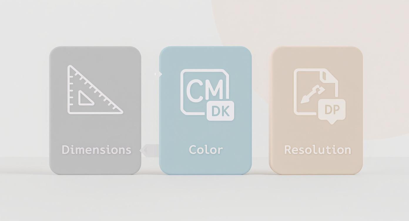 Infographic with three cards detailing essential image properties: dimensions, color, and resolution.