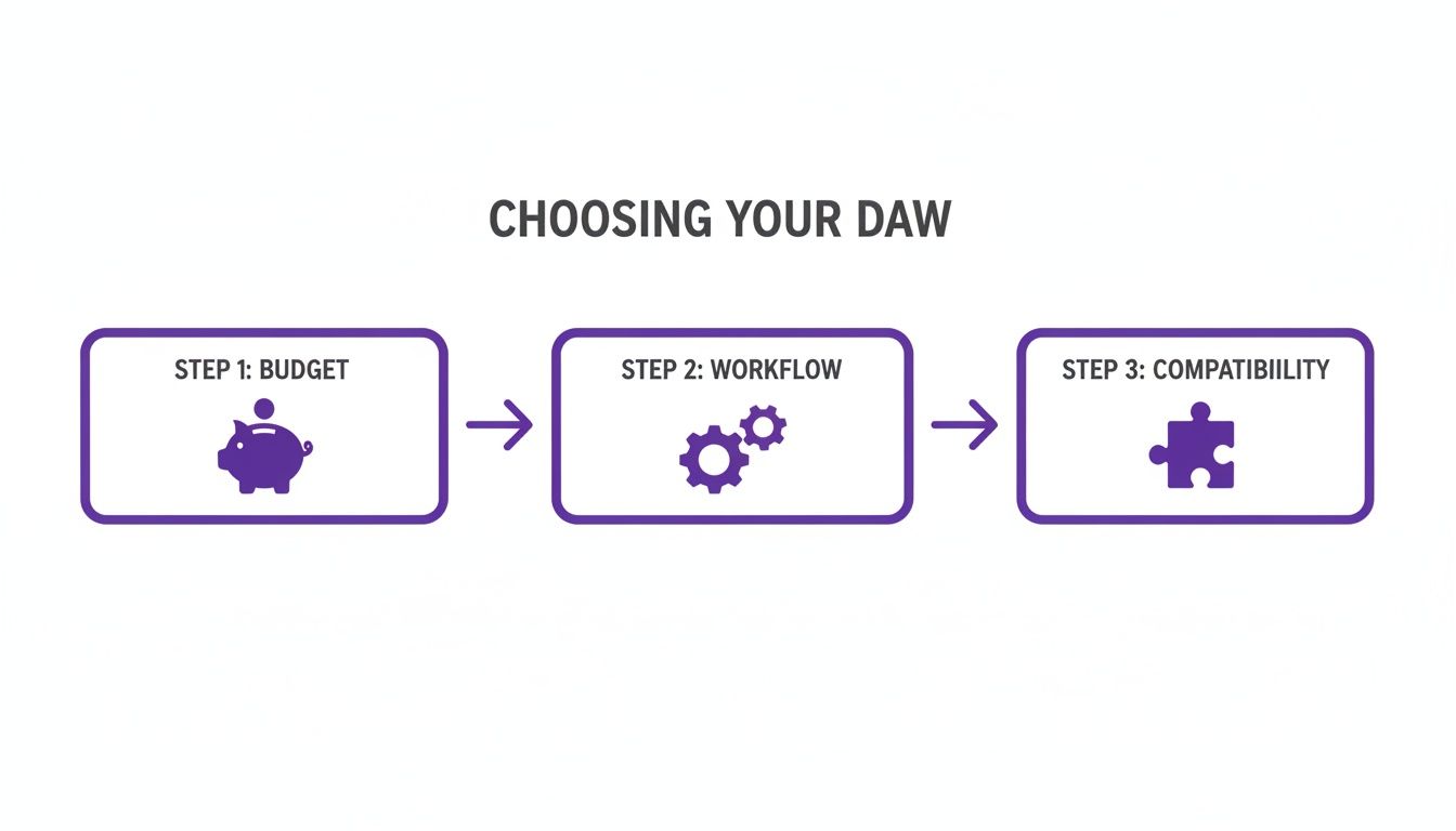 An infographic showing three steps to choose a DAW: budget (piggy bank), workflow (gears), and compatibility (puzzle piece).