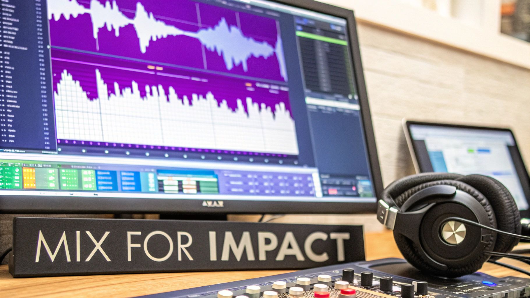 A detailed shot of a music production setup with a monitor displaying audio waveforms, headphones, and a 'MIX FOR IMPACT' sign.