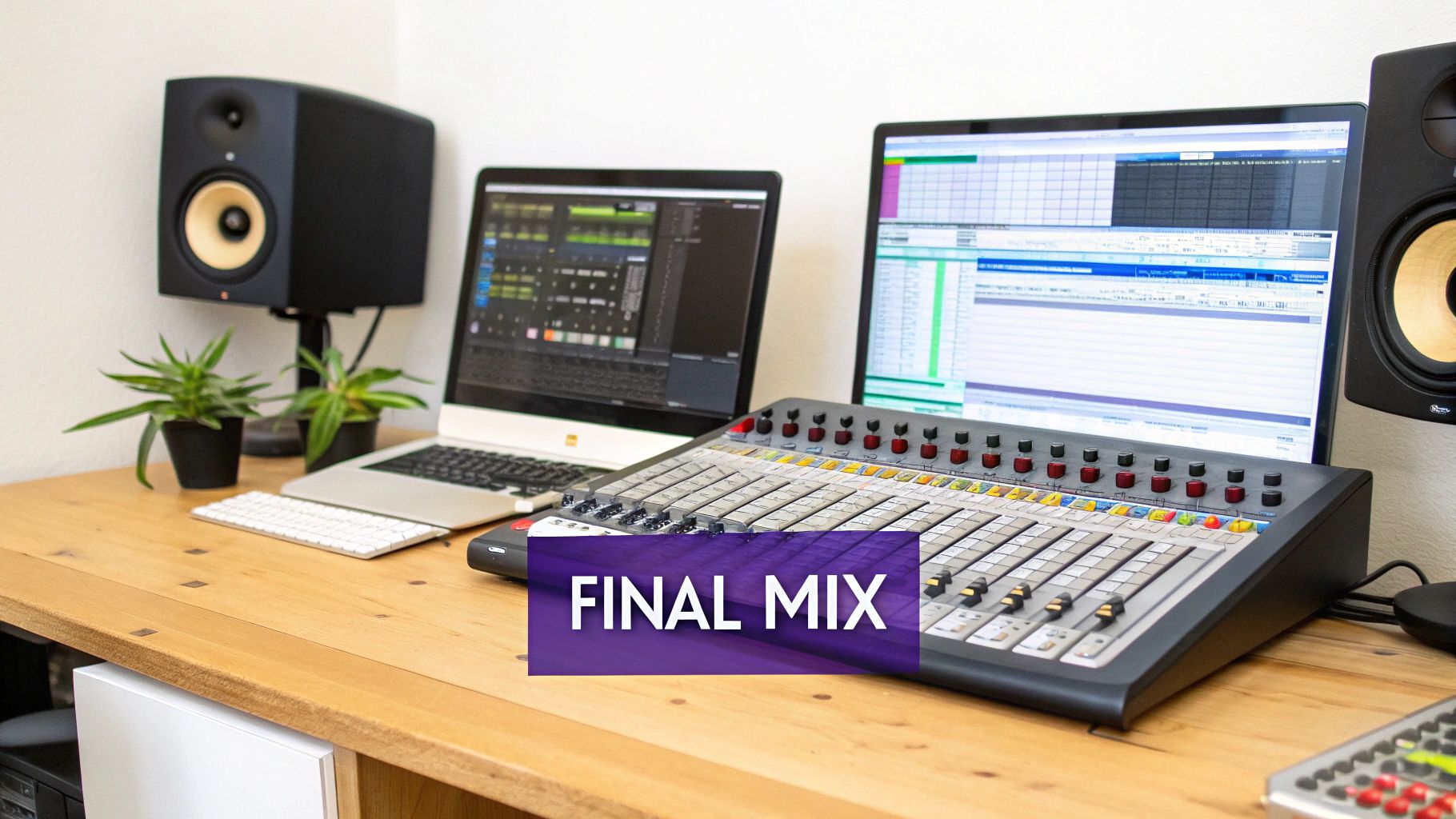 A home music production studio setup featuring a mixing console, two screens, and studio monitors on a wooden desk.