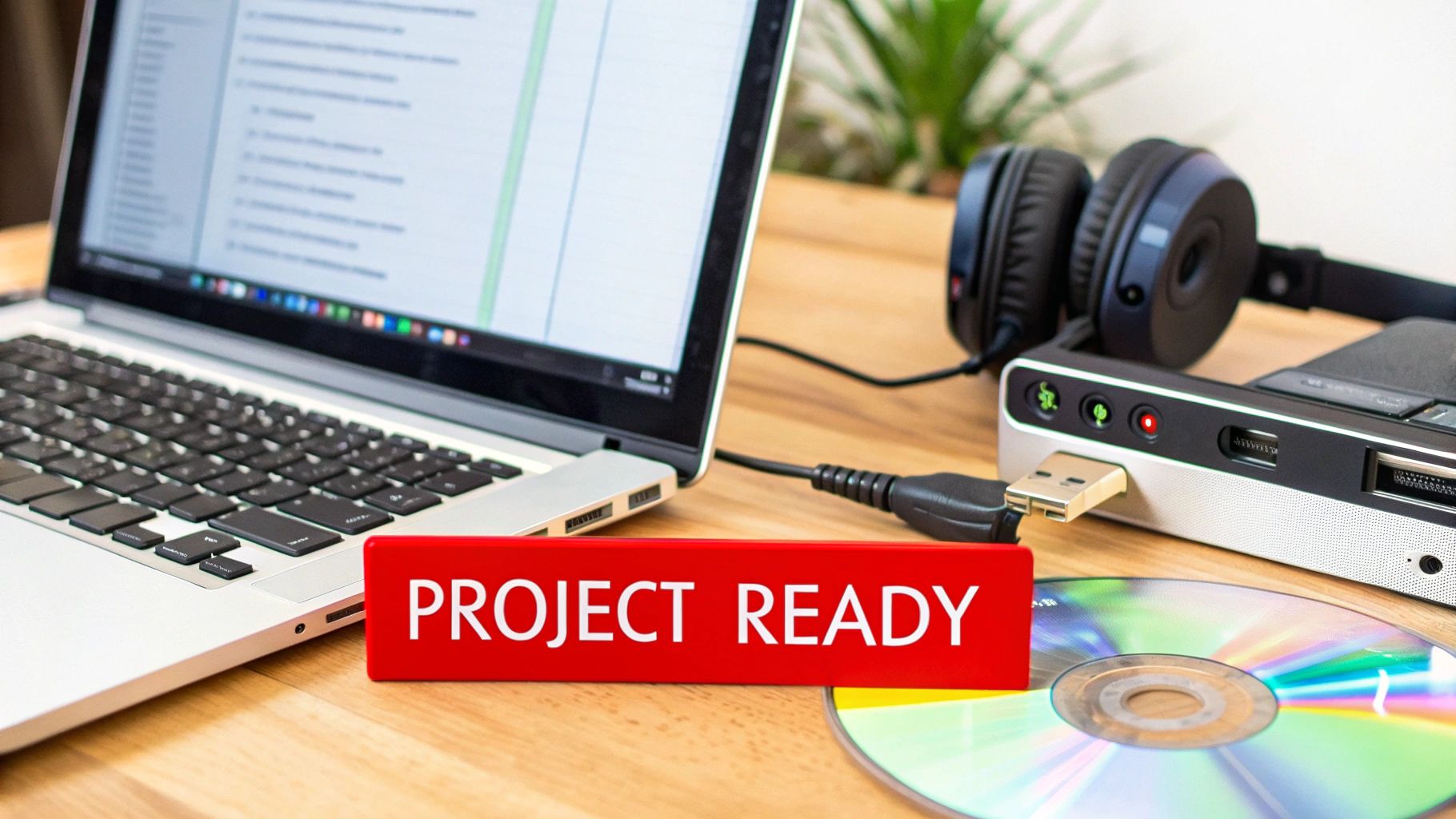 A laptop, headphones, USB drive, external disk, and a 'PROJECT READY' sign on a wooden desk.