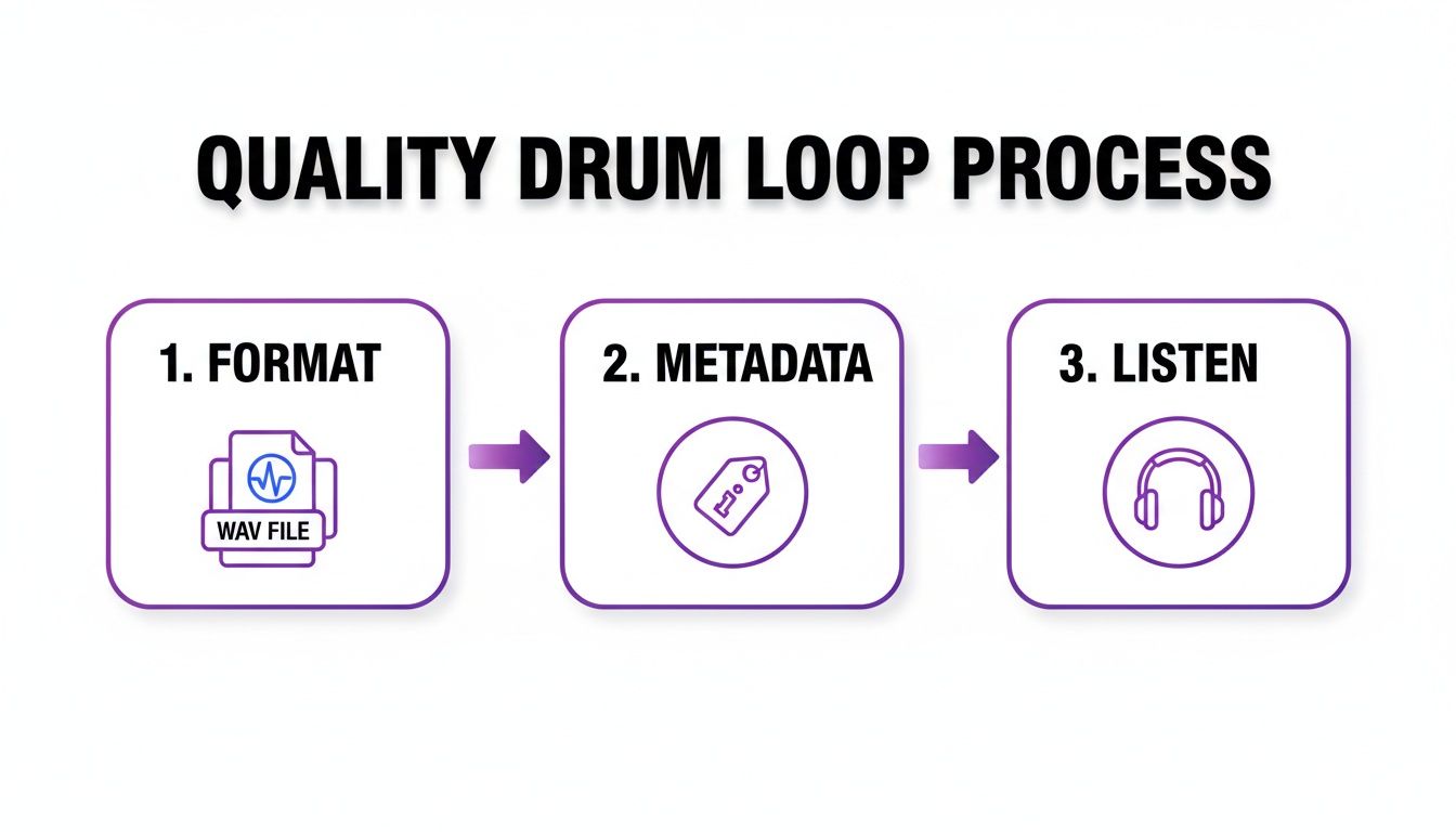 A three-step diagram illustrating the quality drum loop process: 1. Format (WAV File), 2. Metadata, 3. Listen.