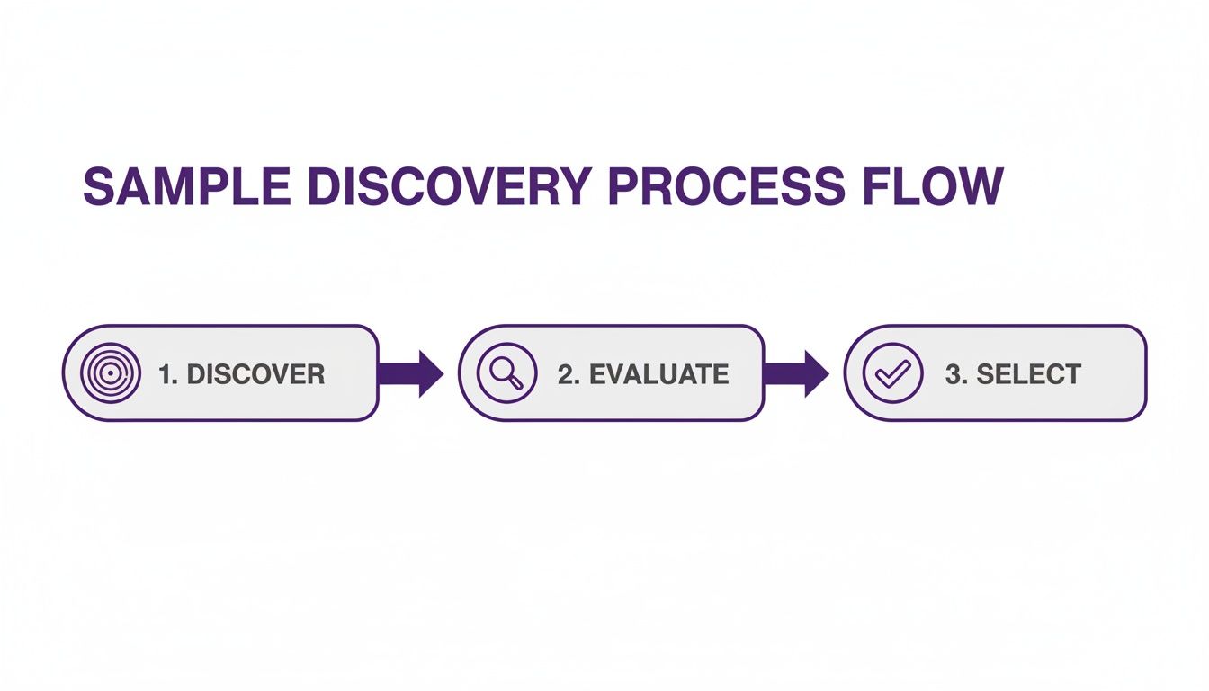A sample discovery process flow diagram showing three sequential steps: Discover, Evaluate, and Select.
