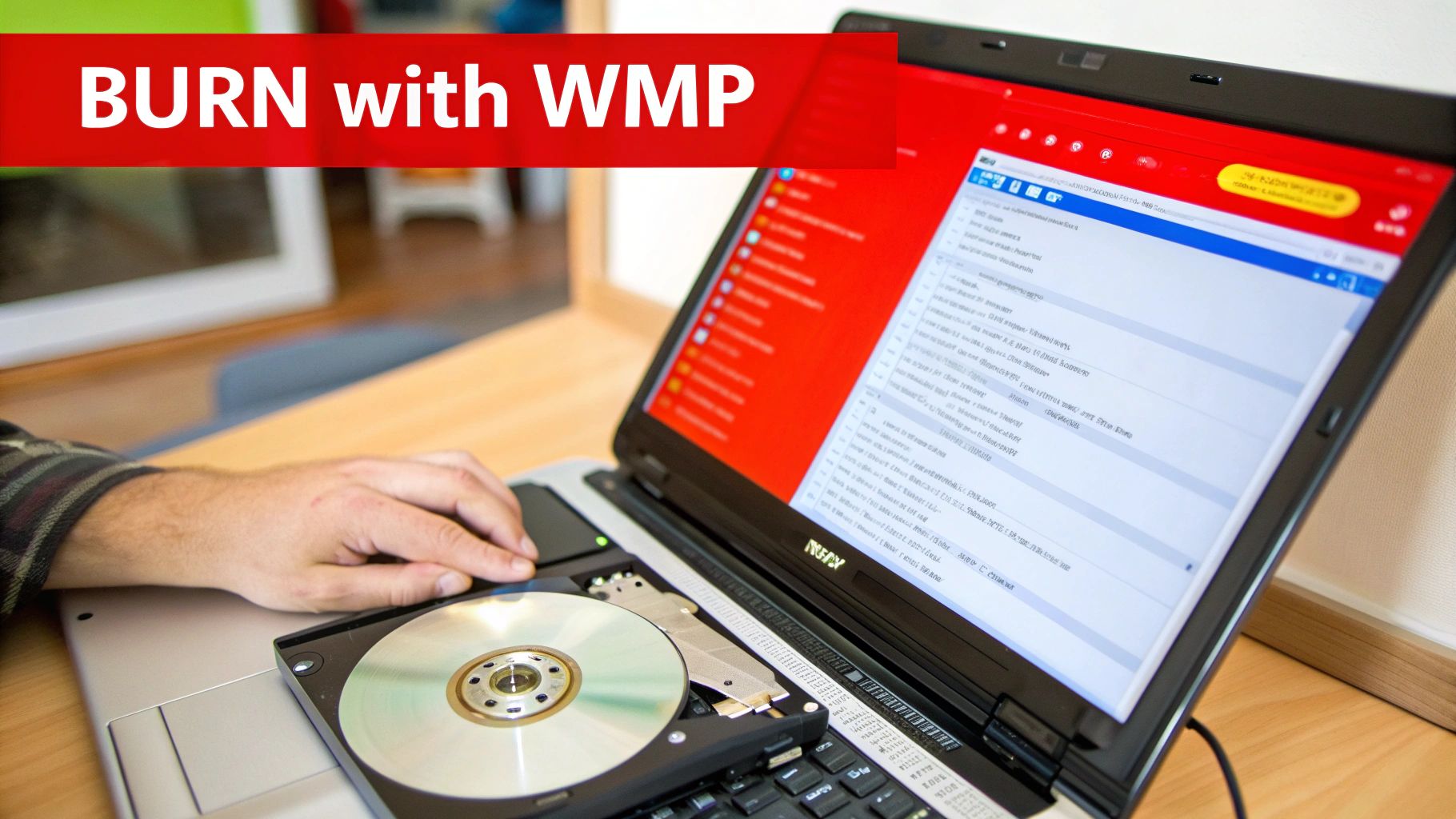 A person's hand inserting a blank CD into a laptop's optical drive to burn with WMP.