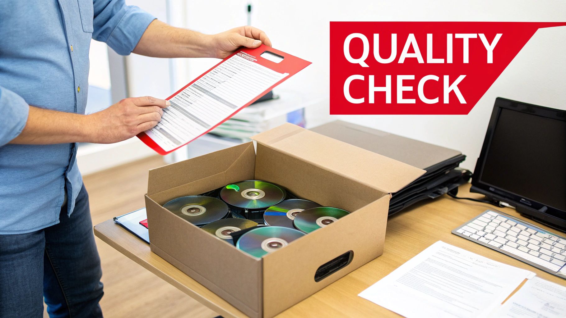 A person inspecting a freshly duplicated CD, holding it up to the light to check for imperfections in the print quality.