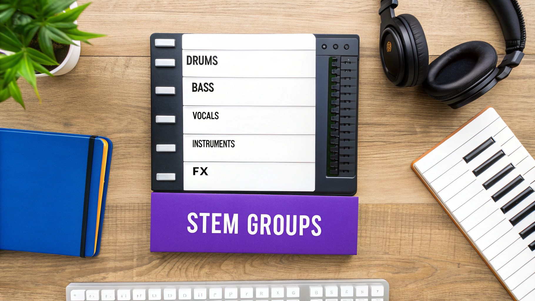 Overhead shot of a music production workspace with an audio stems controller, headphones, and MIDI keyboard.