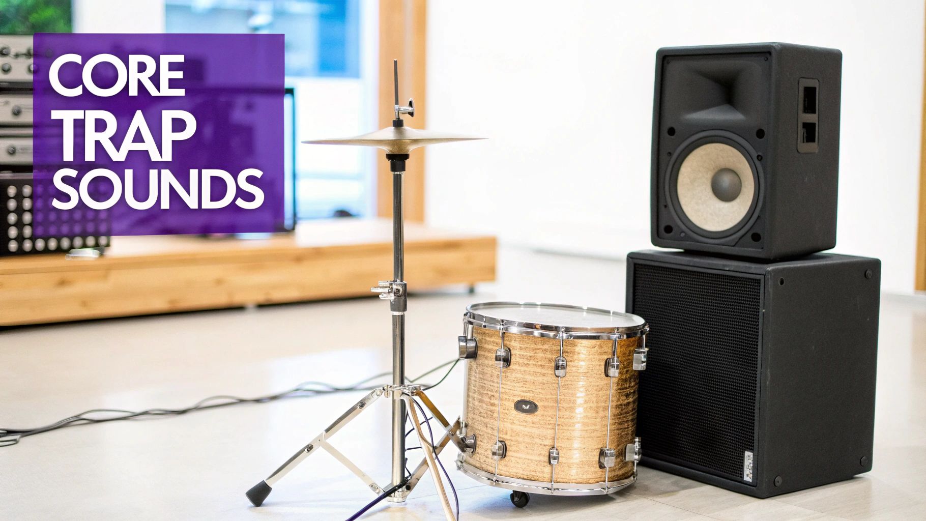 Drum, cymbal, and two speakers on a light-colored floor with 'CORE TRAP SOUNDS' overlay.