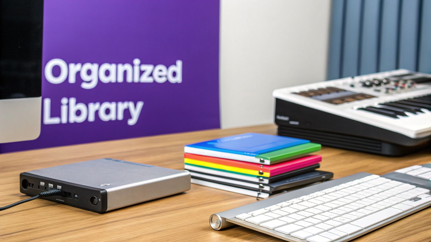 A tidy desk featuring an external drive, colorful notebooks, a keyboard, and a MIDI keyboard, with an 'Organized Library' sign.