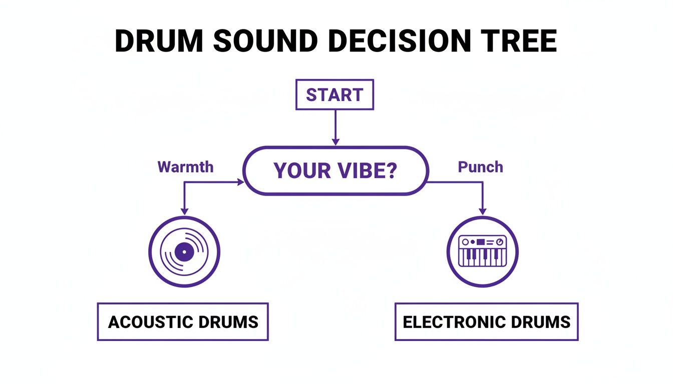 Drum sound decision tree guiding choice between acoustic drums for warmth and electronic drums for punch.