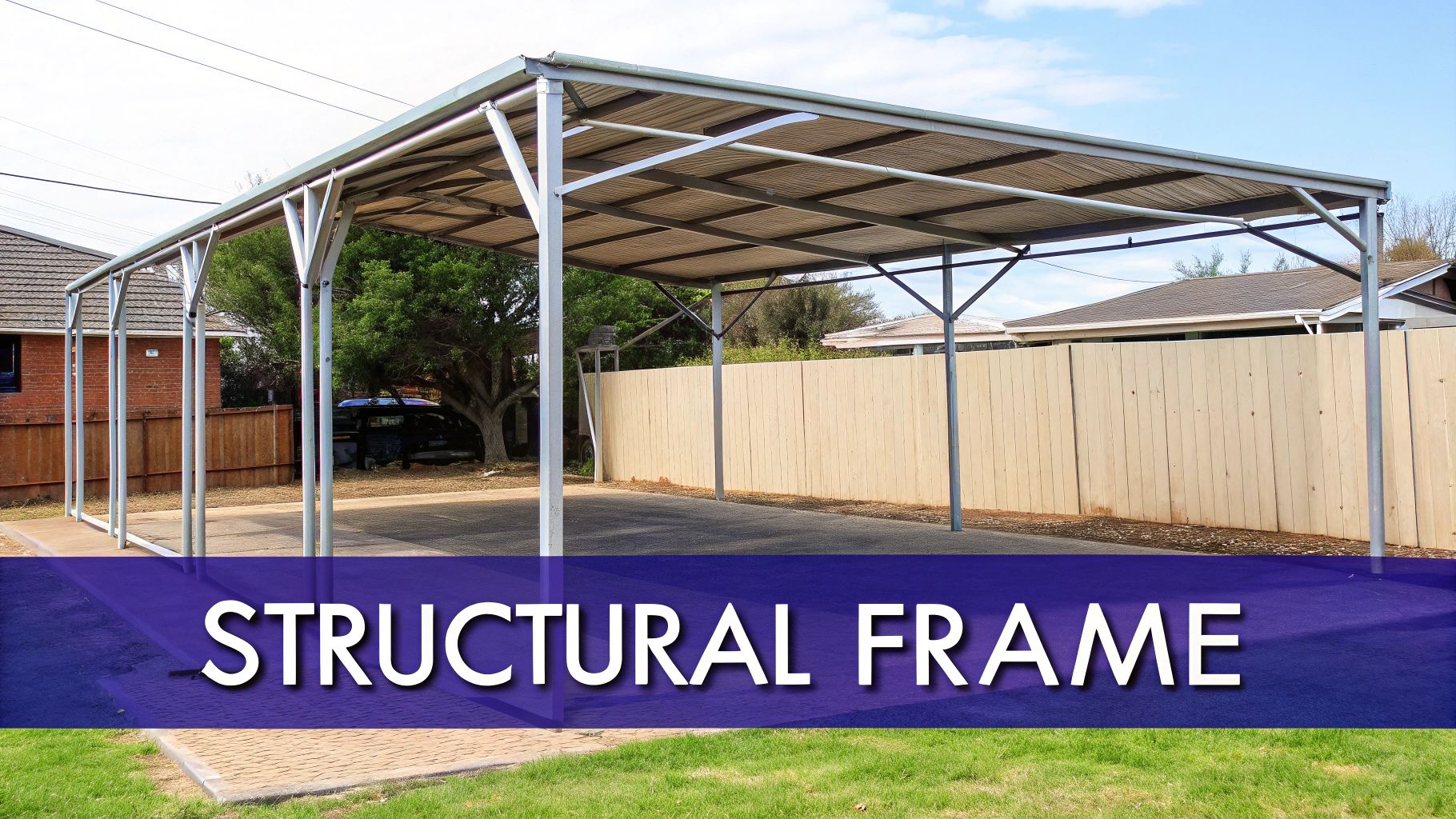 A metal carport with strong vertical roofing and side panels, protecting a vehicle from the elements.