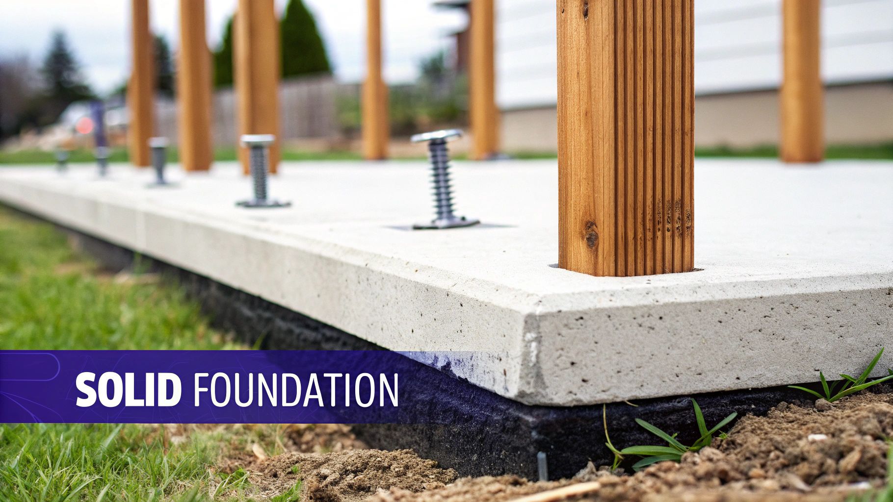 A close-up view of a new concrete foundation with wooden support posts and metal anchors.
