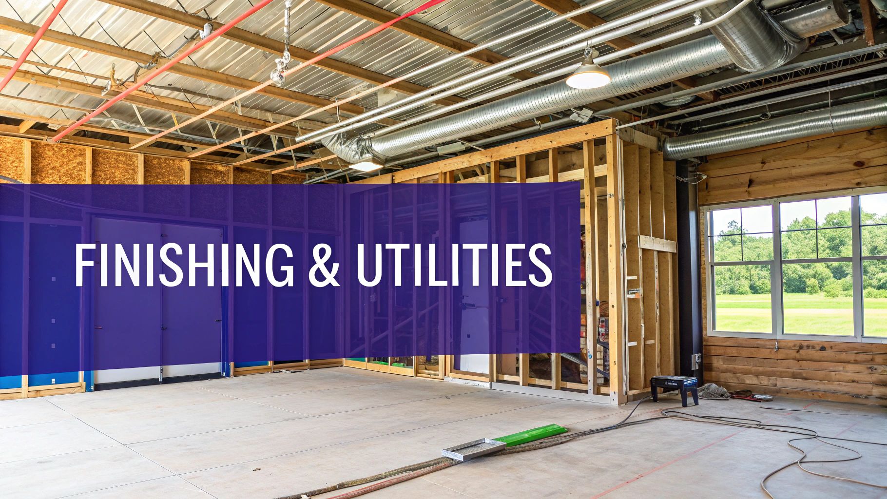 A well-lit and fully finished interior of a metal building workshop, showing insulation, electrical wiring, and organized workspaces.