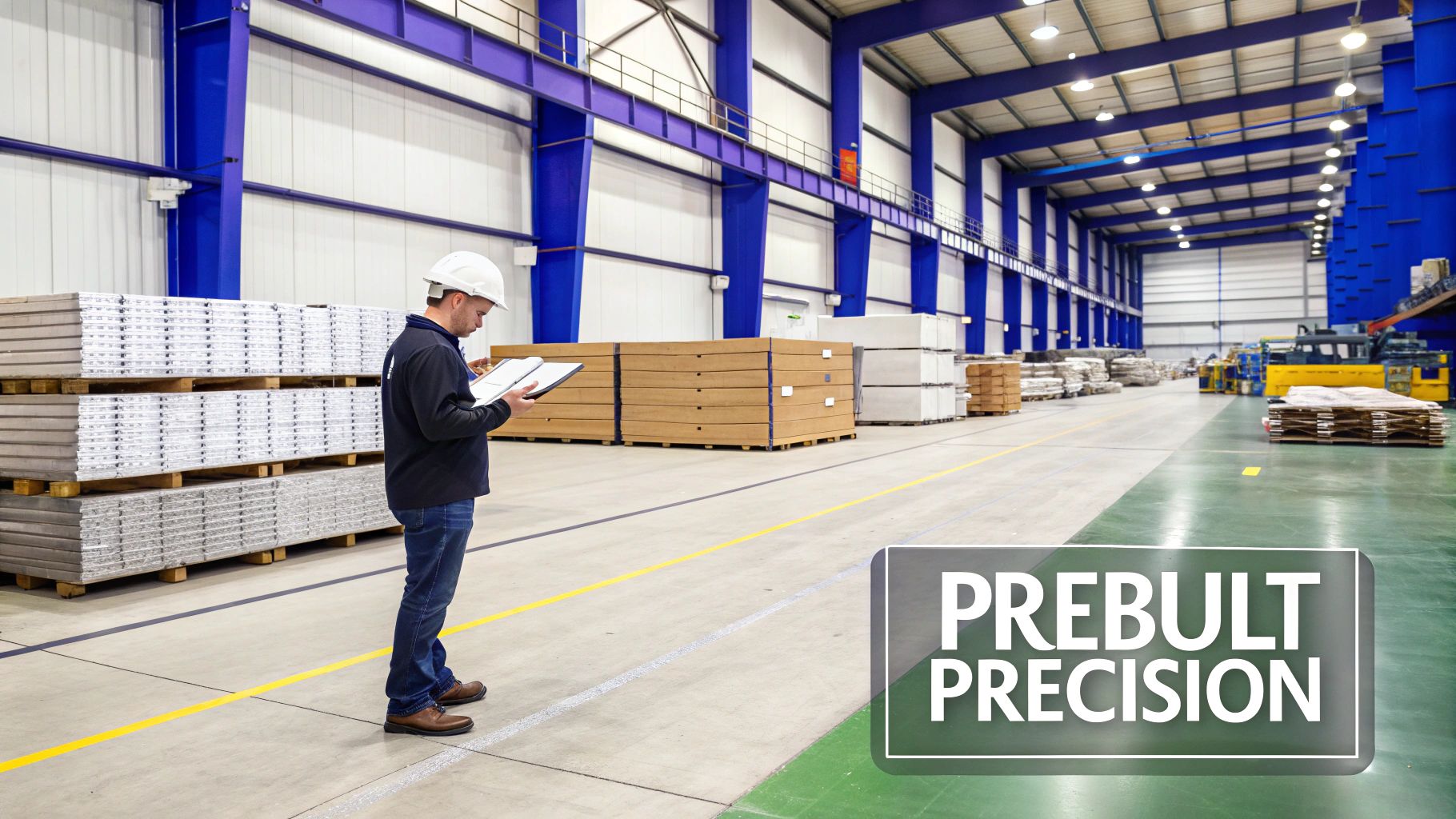 A man in a hard hat inspects stacked materials in a large, modern industrial warehouse.