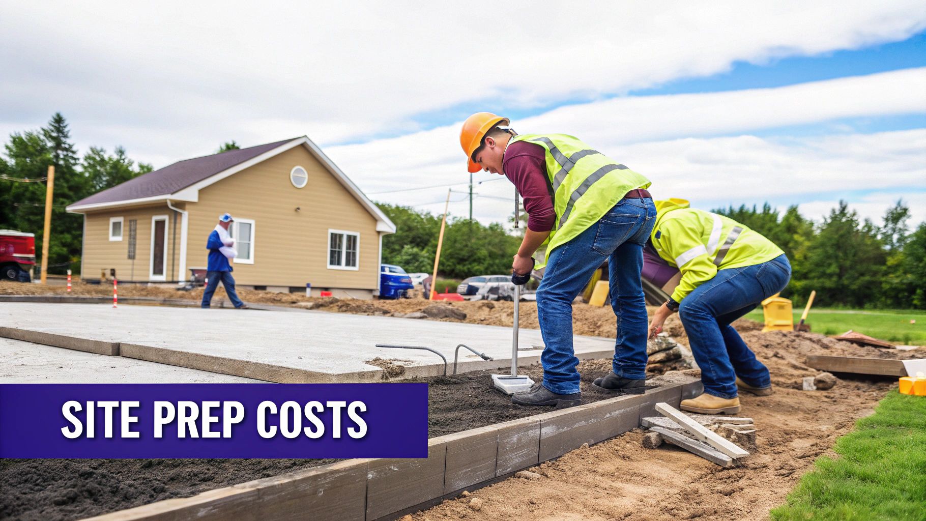 Workers preparing a concrete foundation for a new metal garage