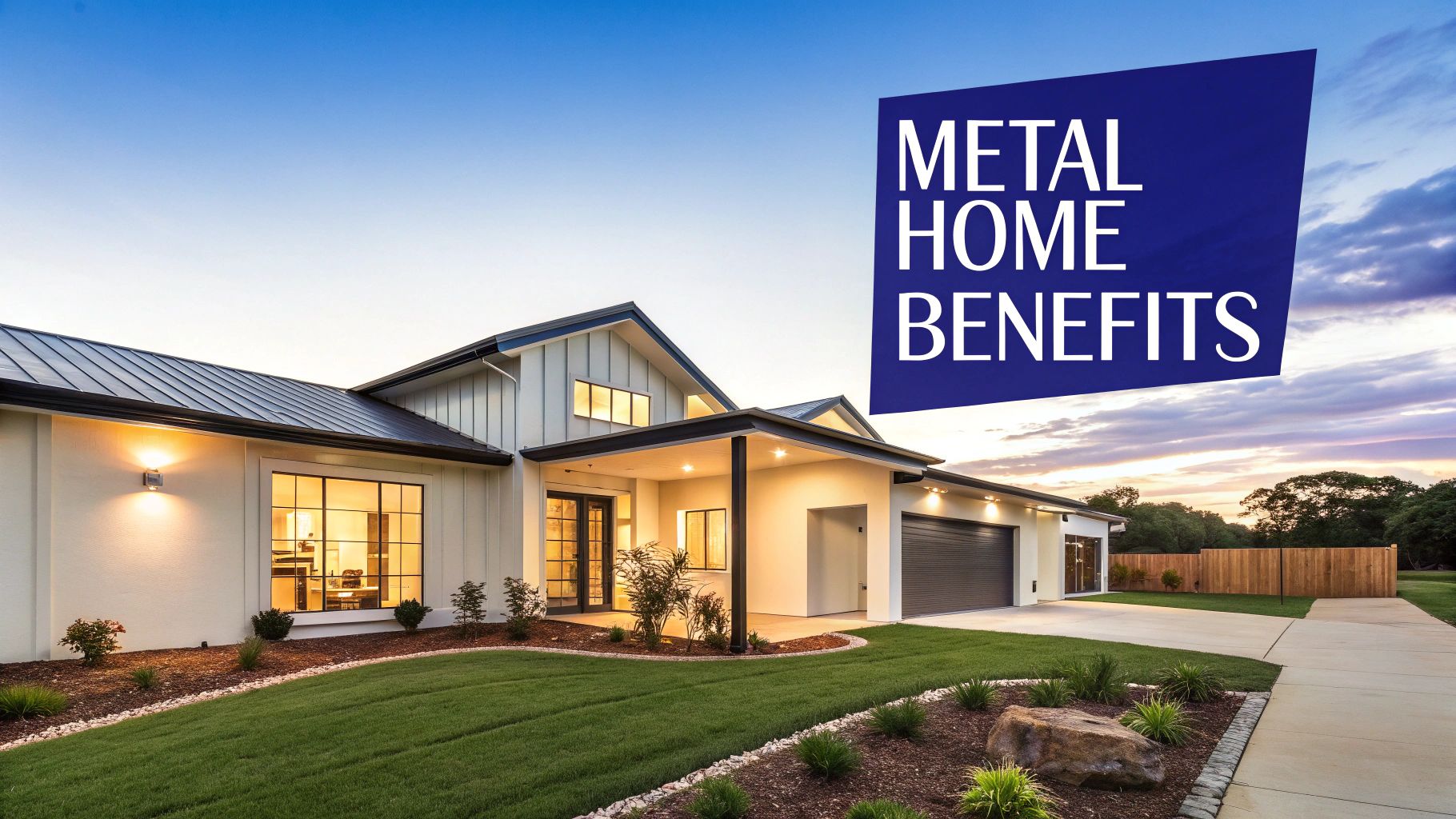 A modern metal building home with large windows and a covered patio, showcasing sophisticated design.