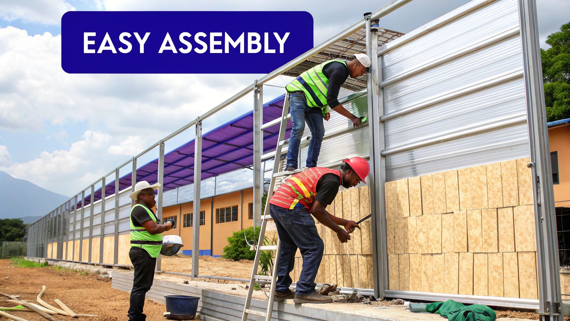 A prefabricated metal building kit in the process of being assembled on a concrete foundation.