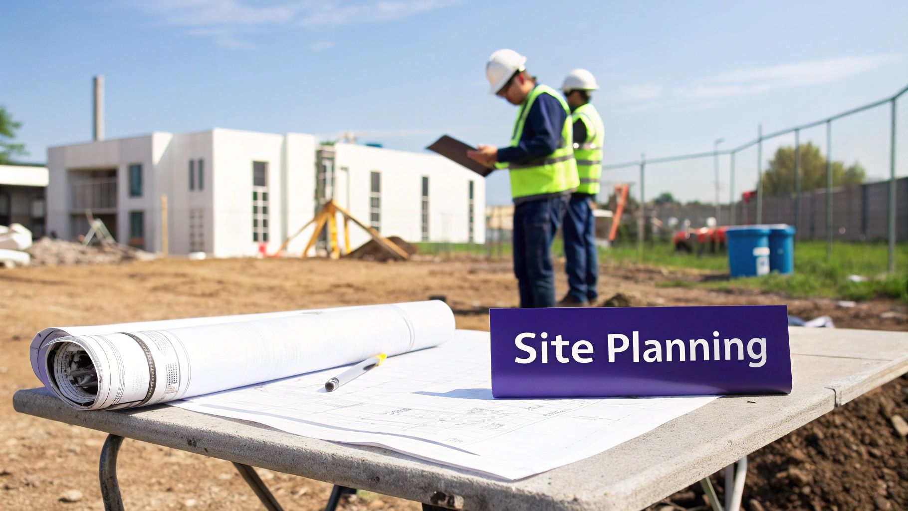 Construction site planning with blueprints and workers reviewing building plans in background