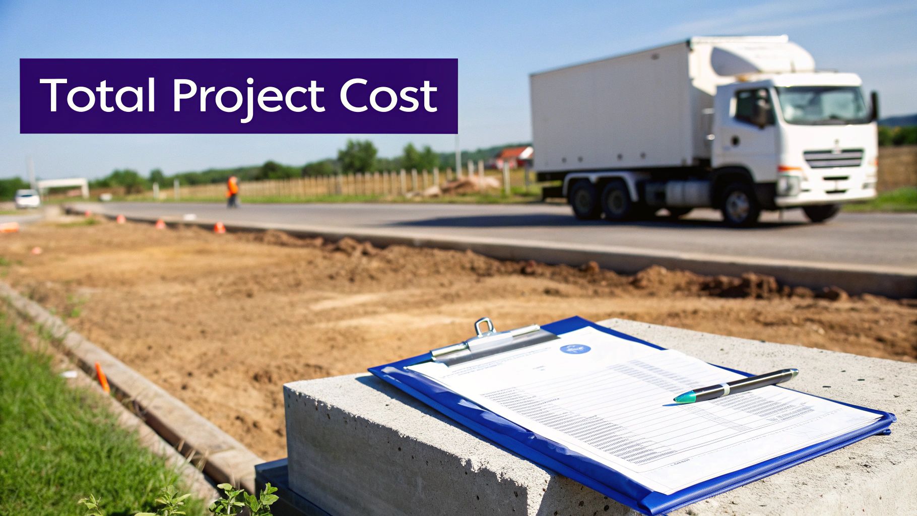 Construction project cost estimate clipboard with documents on concrete block at roadwork site