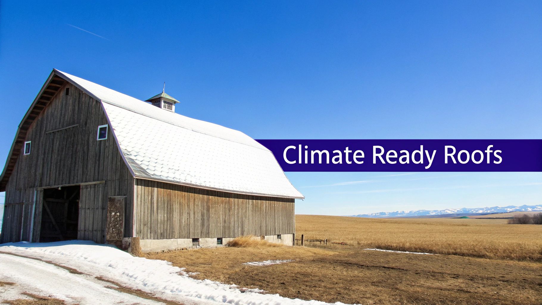 A rustic wooden barn with a white roof in a snowy field under a clear blue sky with mountains.