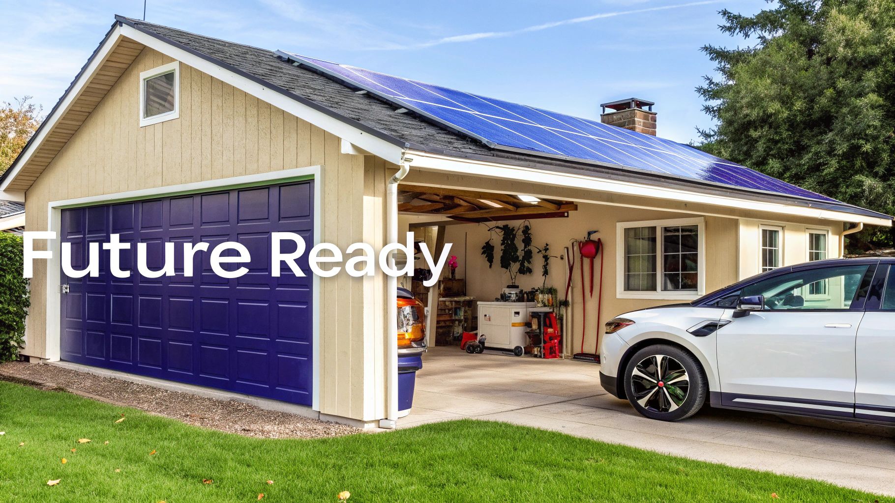 Solar panels on a carport and garage combo roof