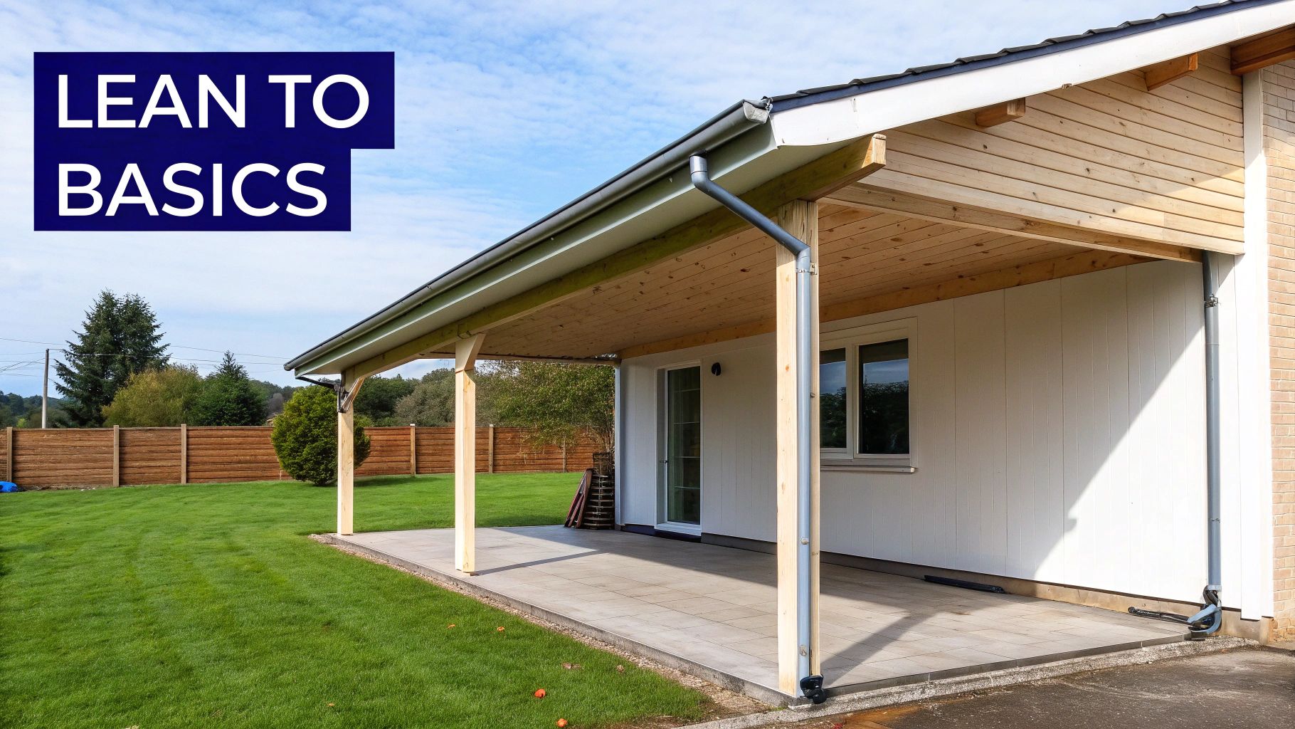 A lean-to patio roof over a paved area next to a white house with a green lawn and wooden fence.
