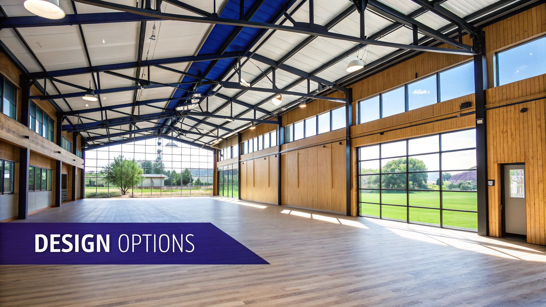 Spacious, modern metal building interior with exposed beams, large windows, and wooden flooring.