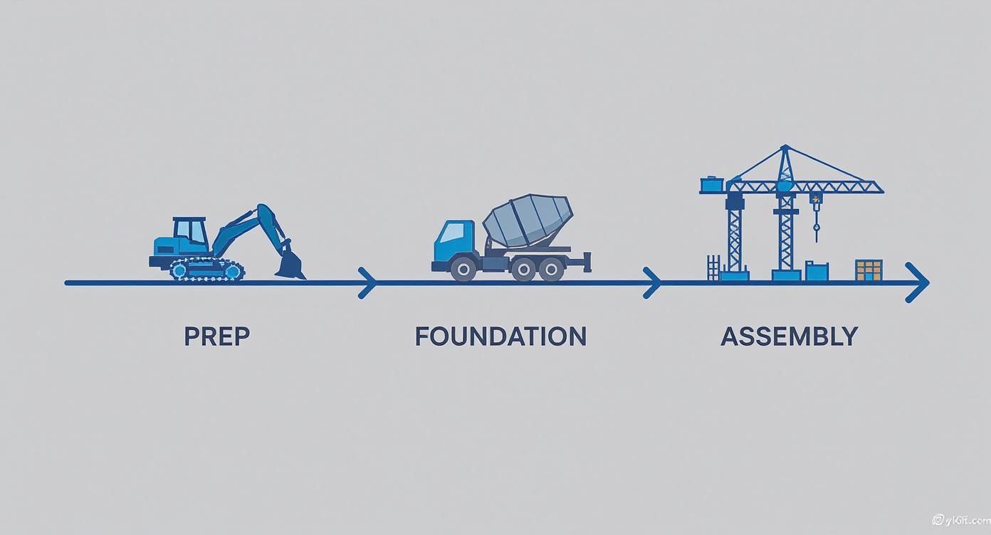 An infographic showing three steps of building construction: site preparation with an excavator, foundation with a cement truck, and assembly with a tower crane.