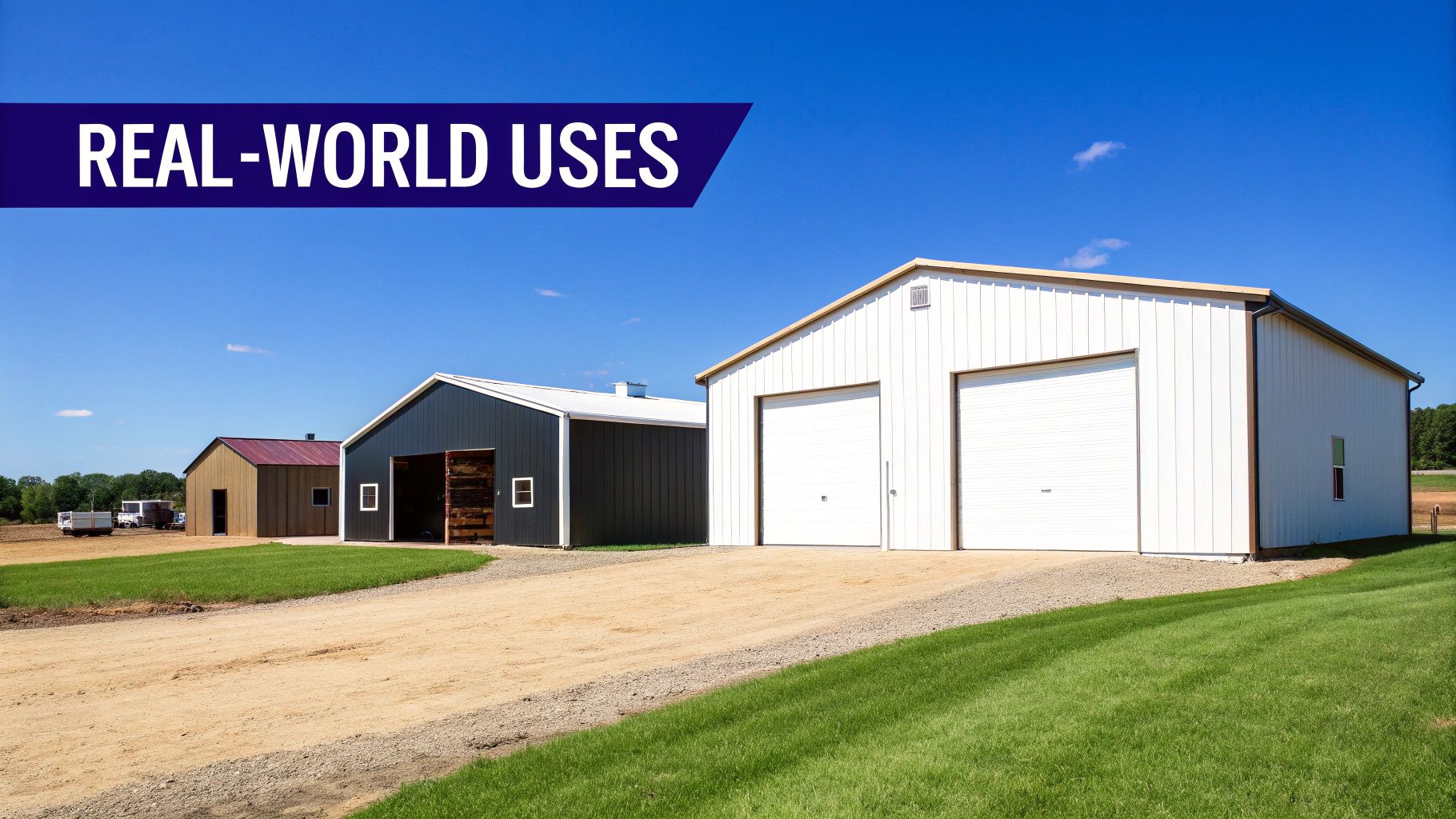 Three prefabricated steel buildings of various colors stand along a dirt road with green grass under a clear blue sky.