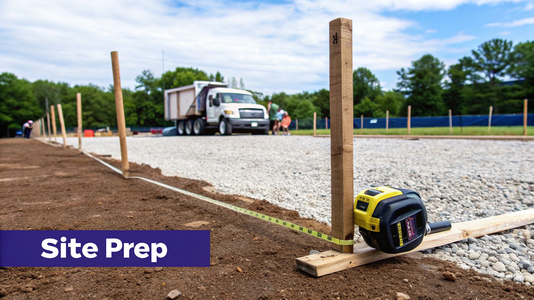 Measuring tape and wooden stakes marking ground for site preparation, with construction workers and a dump truck in the background.
