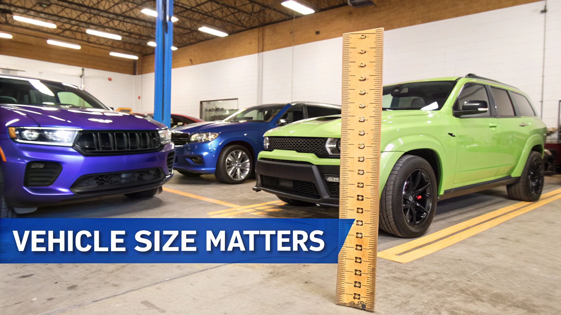 Three different types of vehicles parked inside a spacious three-car garage, showcasing size differences.