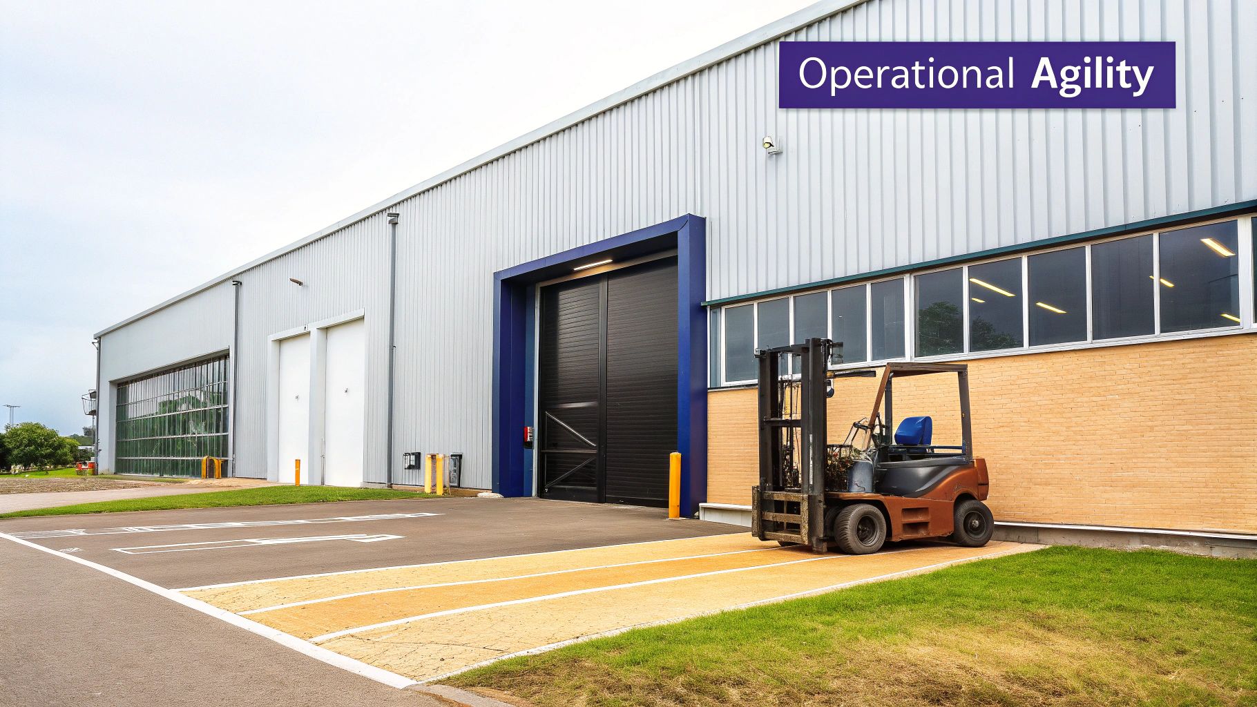 A large, modern metal building warehouse with several loading docks and trucks.