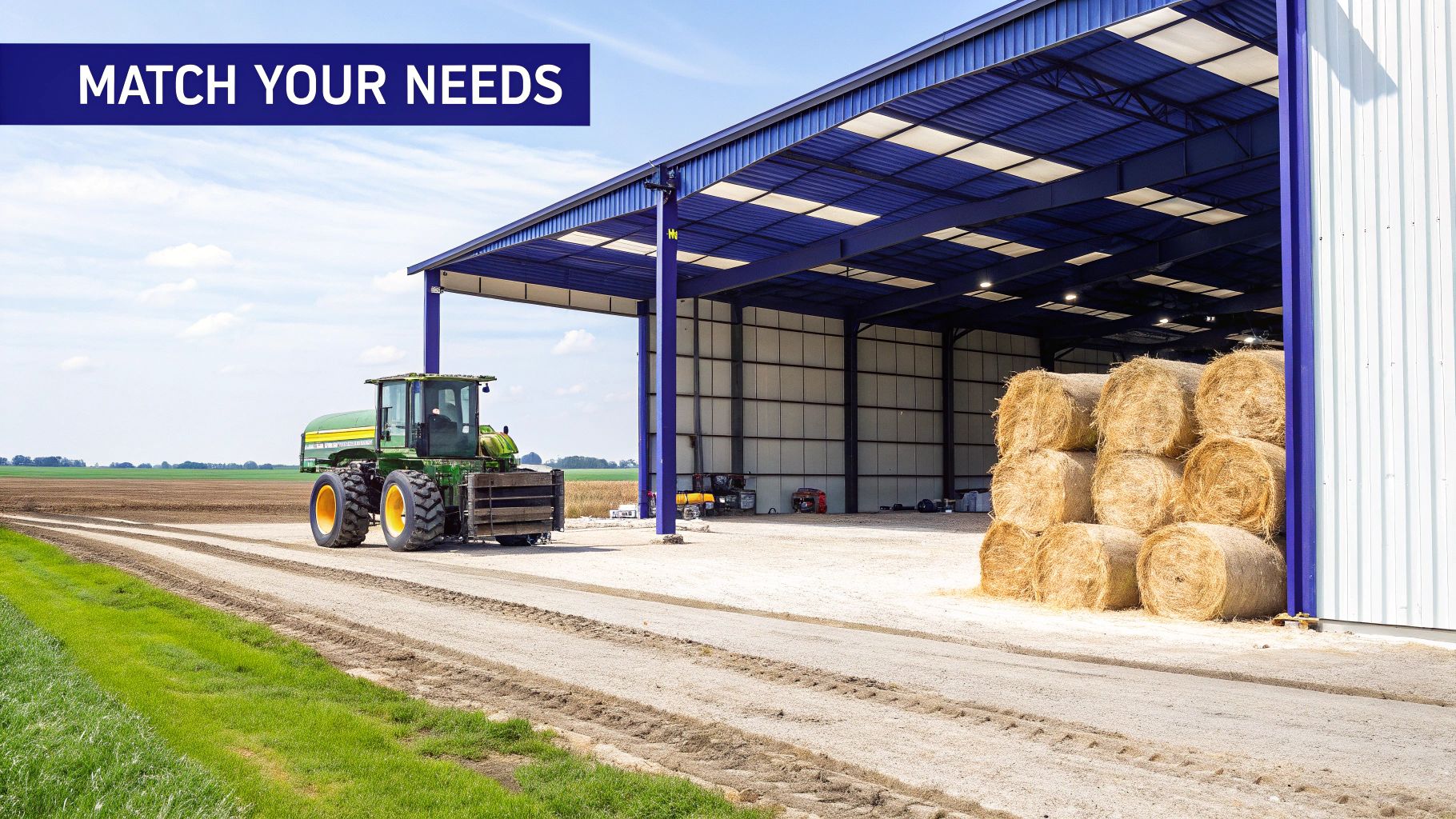 A green farm tractor parked beside a large blue and white steel agricultural building storing hay bales.