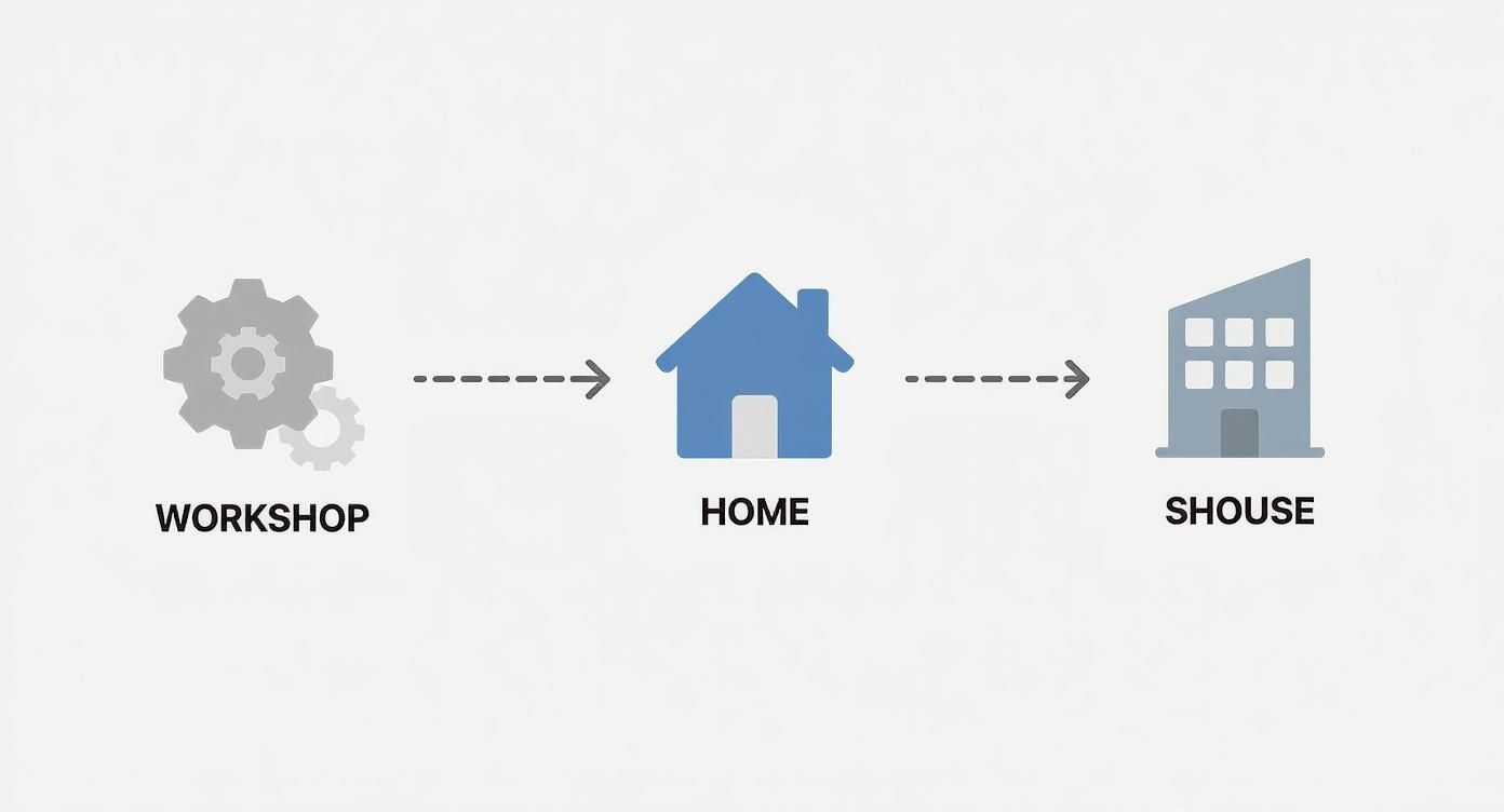 A diagram illustrates a workflow from a workshop, to a home, then to a shouse building.