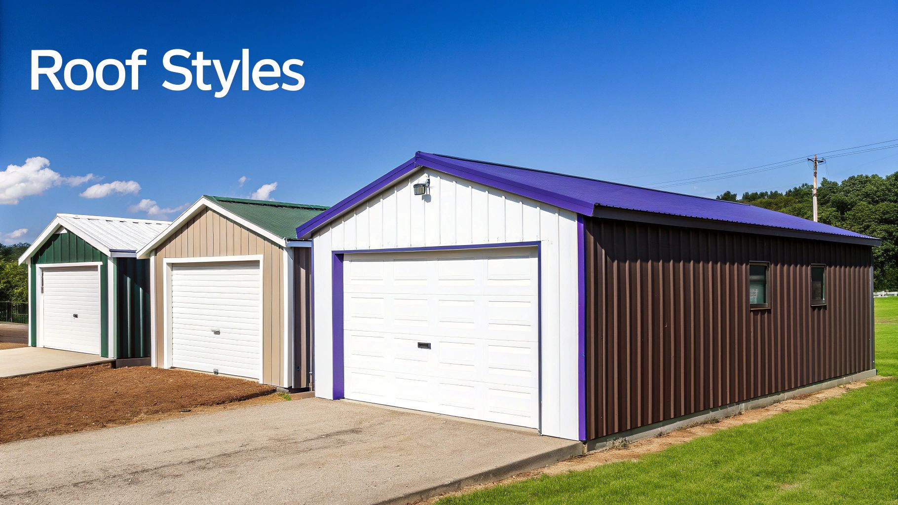 An RV parked next to a large, grey metal garage with a vertical roof, demonstrating a common style for RV protection.