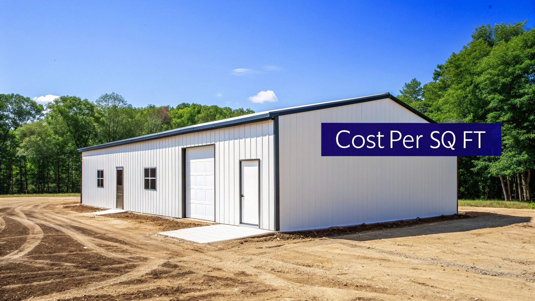 A large, modern metal building with multiple garage doors and a sleek grey finish.