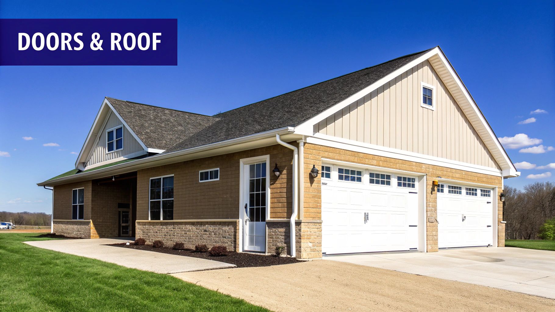 Exterior view of a modern house featuring a dark roof, light brown siding, and white garage doors.