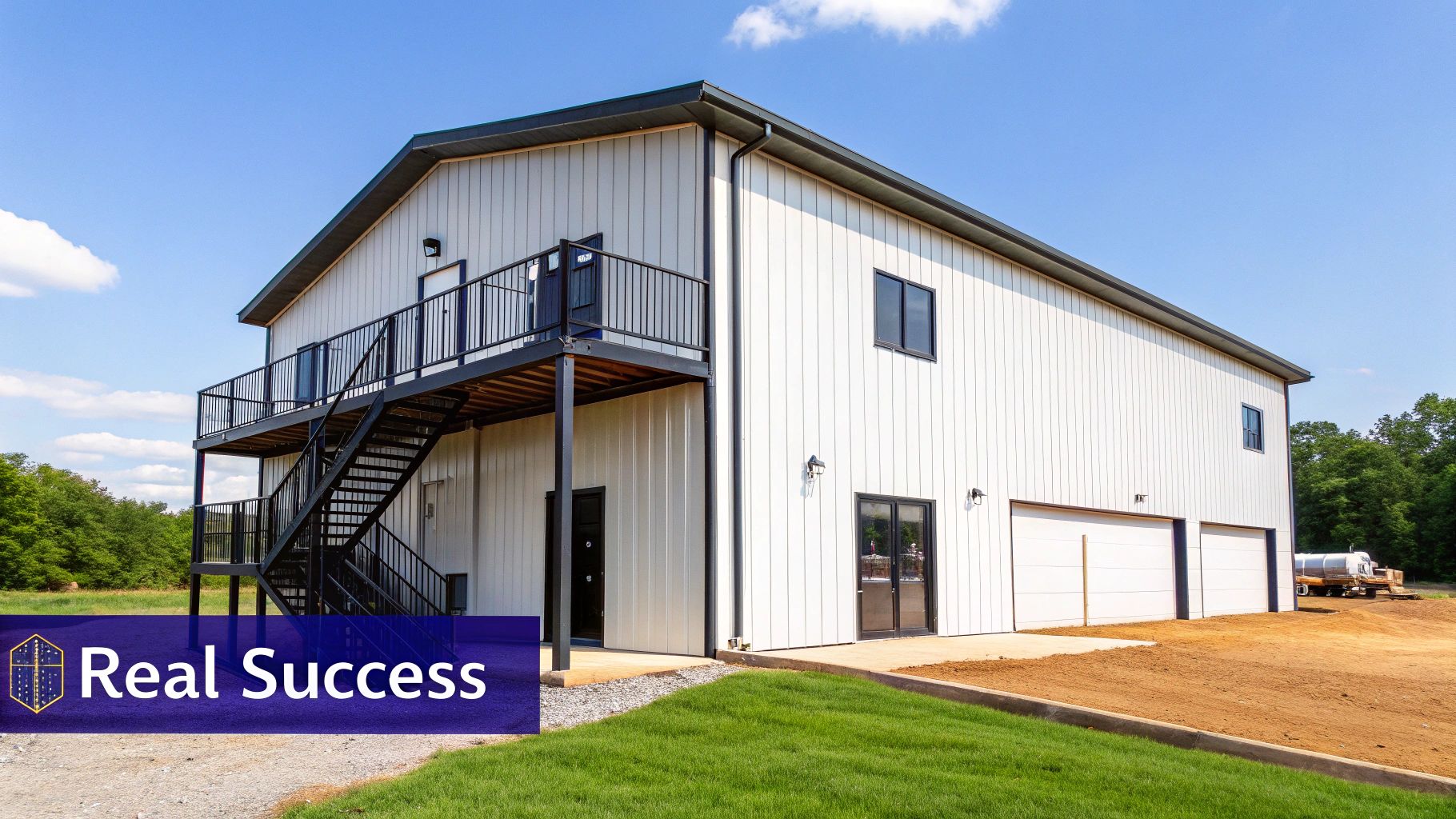 A large, modern metal building interior with a spacious loft overlooking the ground floor.